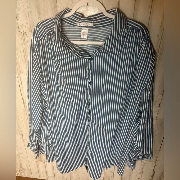 Roamans Plus Size 4X Long Sleeves Button Up Shirt Collared Striped Blue & White - Picture 2 of 7